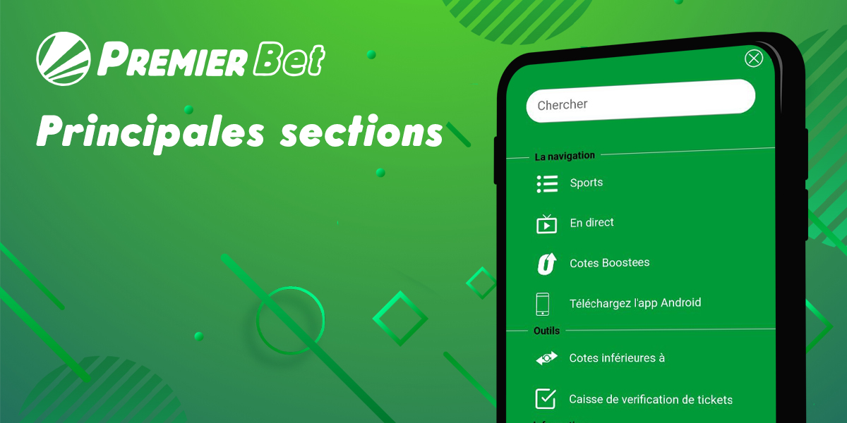 Liste des principales sections disponibles dans l'application mobile Premier Bet